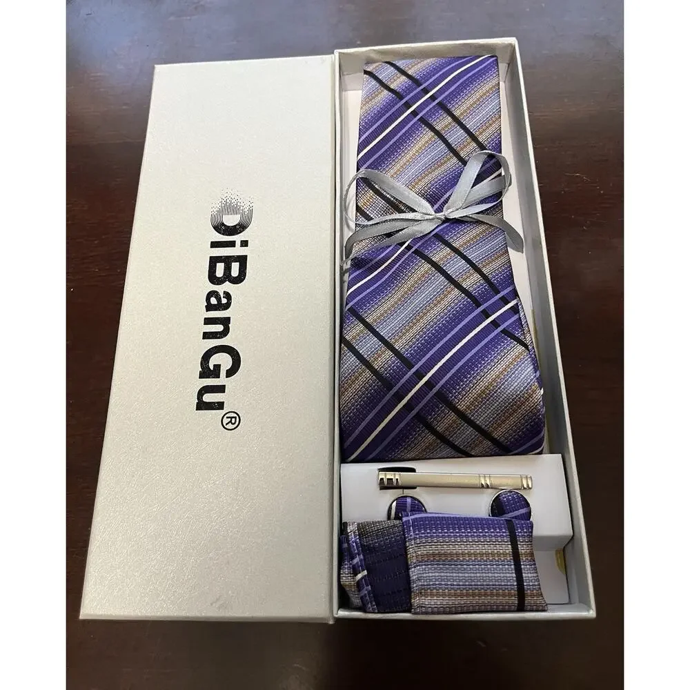 Men’s DiBanGu 4 Pc Silk Necktie Set With Pocket Square Tie Clip Cufflinks